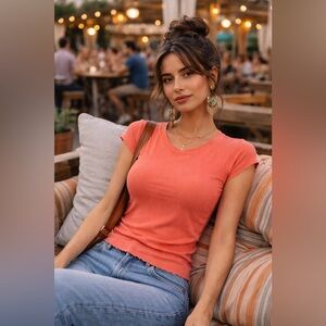 Free People NWOT Women’s Fitted Cap Sleeve Ribbed Tee – XS/S Coral Peach